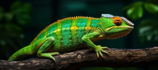 Fototapeta premium Colorful chameleon perched on a branch in a tropical habitat during daylight hours