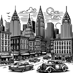 Fototapeta premium Vintage street scene with classic cars and clock tower. Generative ai.