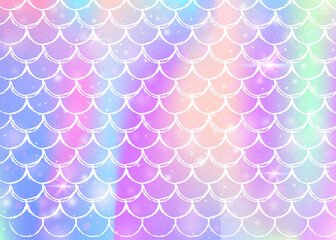 Rainbow scales background with kawaii mermaid princess pattern. Fish tail banner with magic sparkles and stars. Sea fantasy invitation for girlie party. Pearlescent backdrop with rainbow scales.