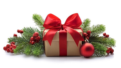 Christmas gift box with a red bow isolated on white background