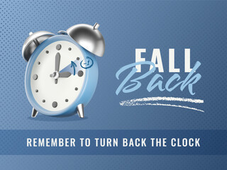 Daylight saving time ends vector illustration. 3D alarm clock on gradient blue halftone textured background. Fall Back time