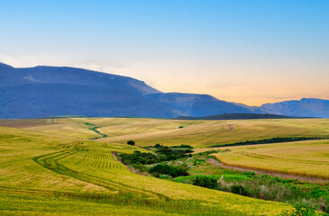 Obraz premium Sun sets behind mountain, casting a golden glow over wheat fields and rolling hills