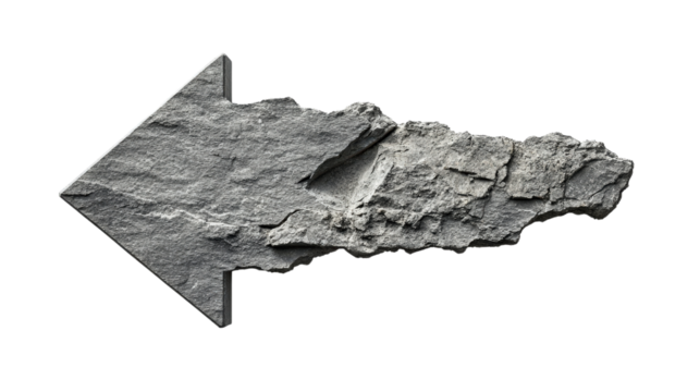 Arrow shape made of stone, white isolated background.