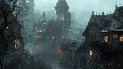 Mysterious Medieval Village in the Fog - Fantasy Architecture
