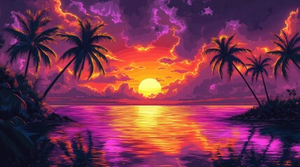 Stunning Tropical Sunset with Vibrant Colors and Silhouetted Palm Trees Reflecting on Calm Ocean Waters