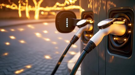 In the center is a close-up of the electric car charging port, with simple and concise lines around it. It is semi-transparent and shows the current when the electric car is charging. 