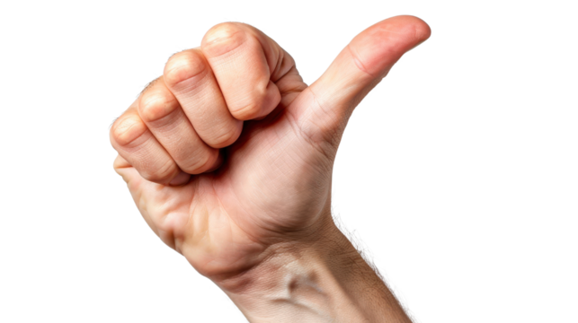 Hand gesture showing thumbs up, white isolate background