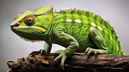 Obraz premium A vibrant green lizard basking on a branch in a lush forest during daylight hours