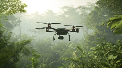 Fototapeta premium A futuristic AI-driven autonomous drone for environmental monitoring, clean forest or coastal environment with drones equipped for tracking wildlife and assessing environmental changes
