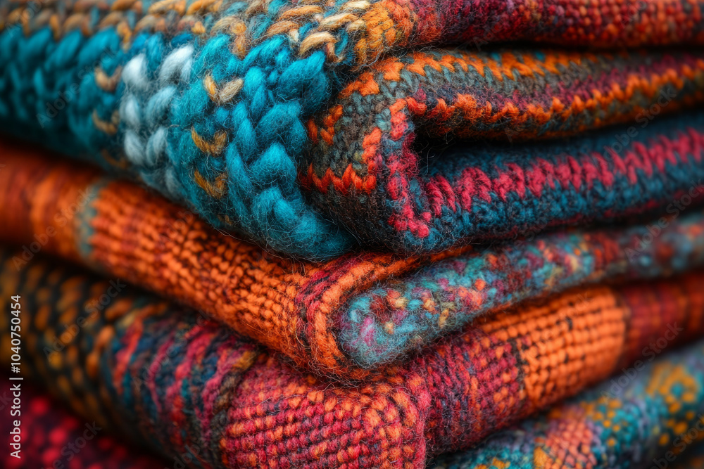 Poster a stack of colorful blankets with a blue one on the bottom