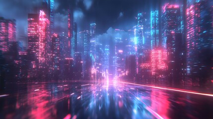 Obraz premium Glowing cityscapes connected by a network of neon light trails, representing cloud data transfer across the globe, digital hologram overlay, futuristic, cyberpunk aesthetic