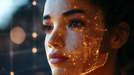 Female face with a digital facial mapping overlay, futuristic grid lines, dark backdrop with abstract technological patterns in the distance