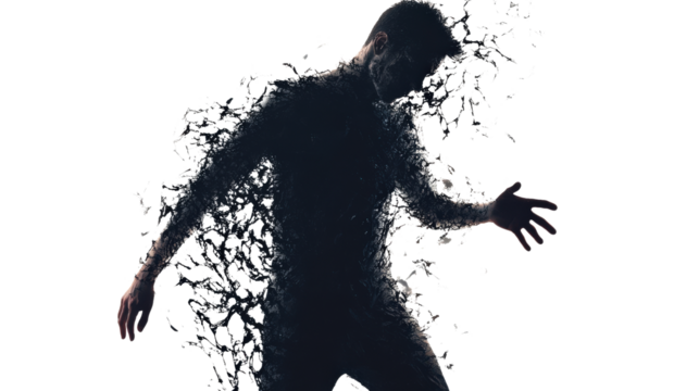 Silhouette of a man dissolving into particles - Powered by Adobe
