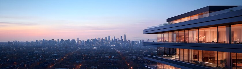 Fototapeta premium Innovative architecture at dusk, glowing geometric lighting integrated into the facade, city skyline fading into a digital horizon