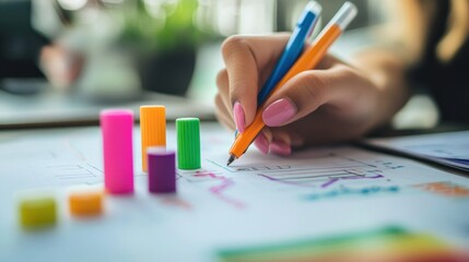 Woman Drawing Colorful Graph on Paper