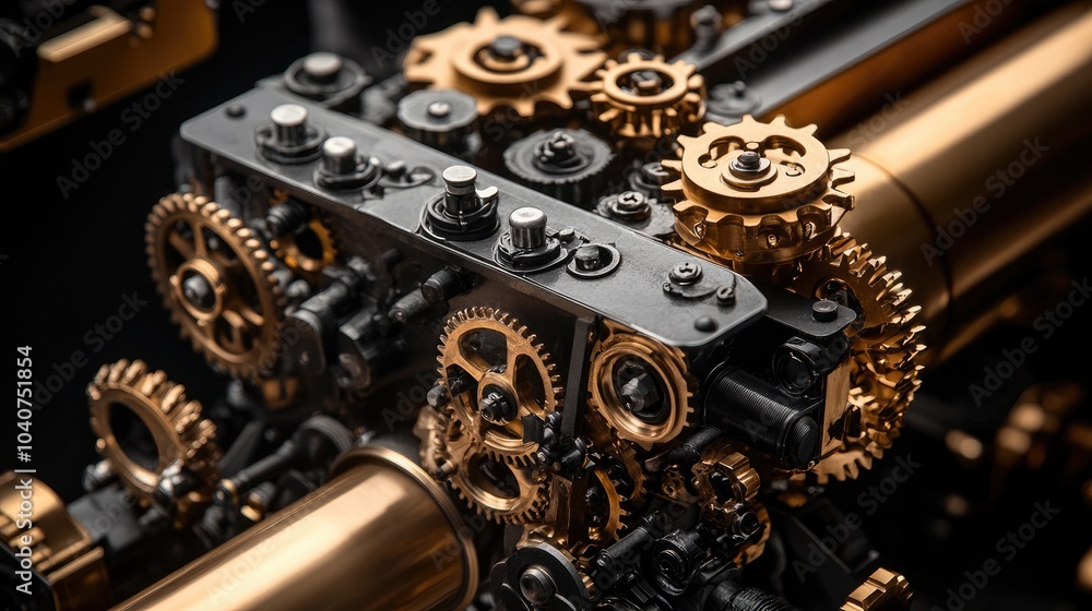 Poster closeup of intricate gears and cogs in a complex machinery system, showcasing precision engineering 