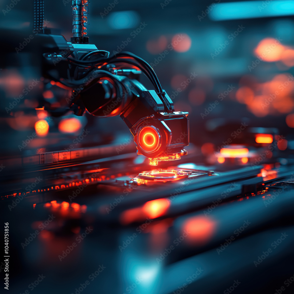 Poster robotic arm operating on high speed production line, showcasing advanced technology and precision in