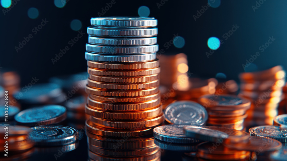 Poster stacks of coins in various currencies create shiny and reflective display, evoking sense of wealth a