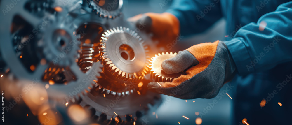 Poster maintenance worker greasing gears in factory, showcasing precision and skill in machinery. scene cap