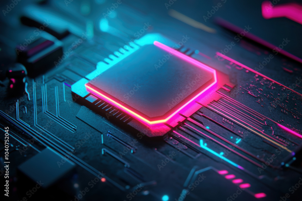 Poster close up view of modern microchip on circuit board, featuring vibrant neon colors and intricate geom
