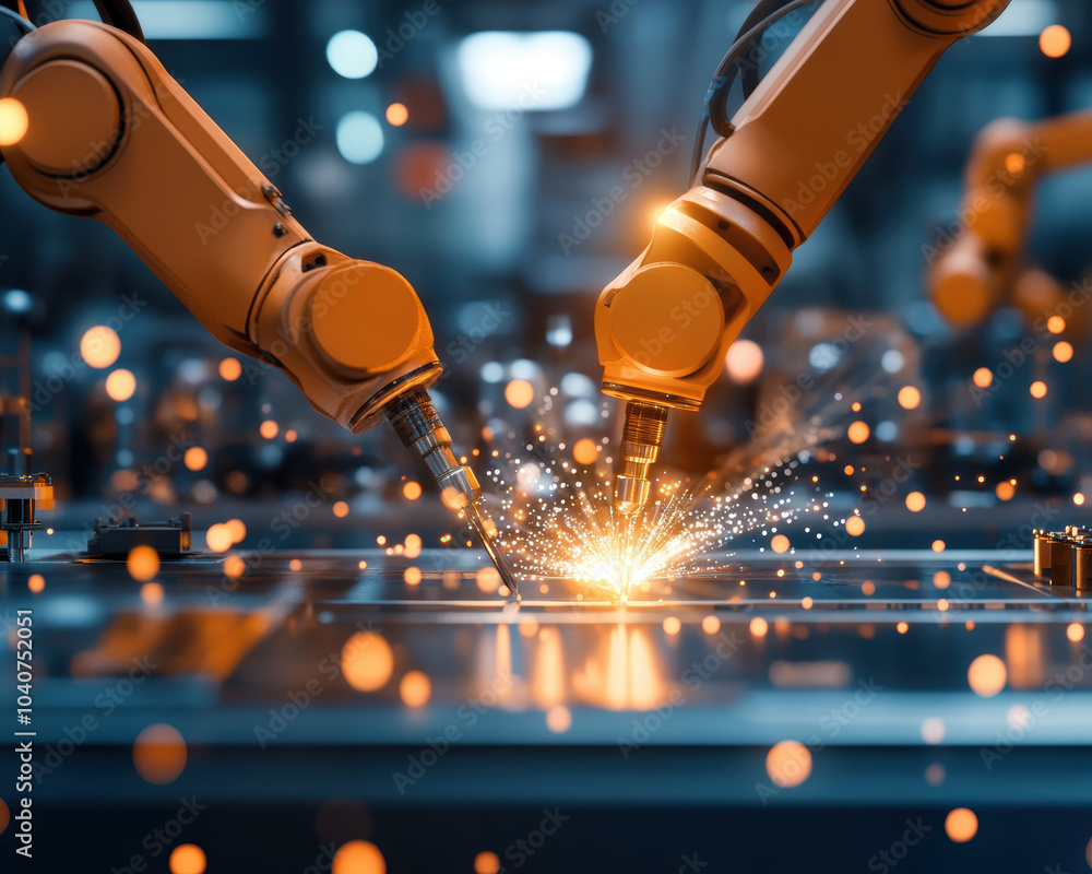 Aufkleber automated robotic arms are engaged in precision welding, creating sparks and enhancing production ef