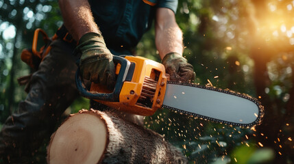 Lumberjack operating chainsaw in dense forest, surrounded by flying wood chips and sunlight filtering through trees, showcasing intensity of task
