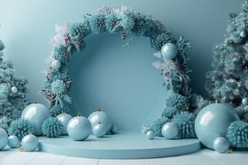 A blue and white Christmas scene with a large blue circle in the middle
