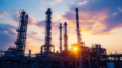 Obraz premium A large industrial plant with many tall towers and a large sun in the sky. The sun is shining brightly on the plant, creating a warm and inviting atmosphere. The sky is filled with clouds