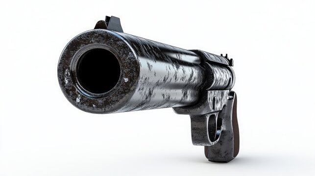 Close-up of the barrel of a large-caliber revolver, with the gun pointed towards the viewer.