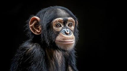 Naklejka premium Close-up portrait of a young chimpanzee with black background.