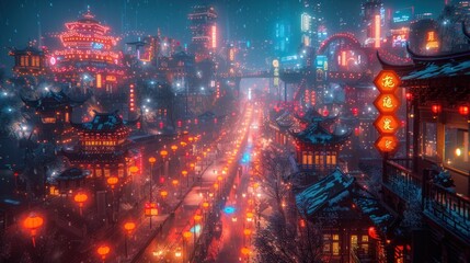 Fototapeta premium Snowy Night in a Futuristic Asian City