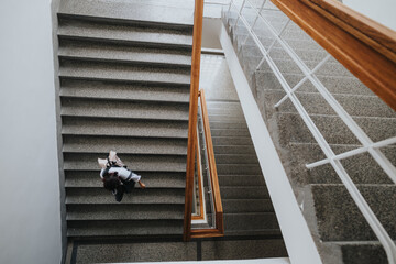 A student walks down a stairway inside a modern building, showcasing architectural details and...