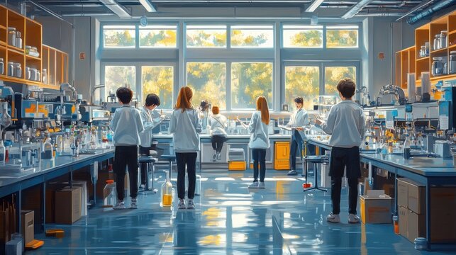 Laboratory scene with researchers engaged in scientific experiments.