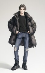A young man in a stylish puffer coat, jeans, and boots, posing against a neutral background.