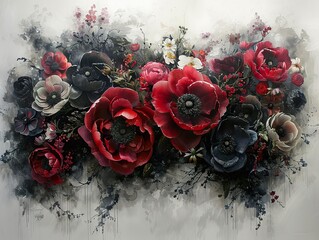 Dark Floral Bouquet Painting - Red and Black Flowers Watercolor Art