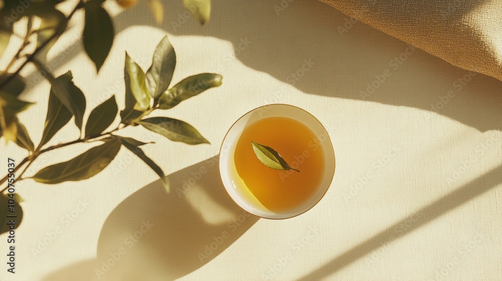 Fototapete a cup of golden tea rests on a light surface, accented by a single tea leaf and soft shadows, creati