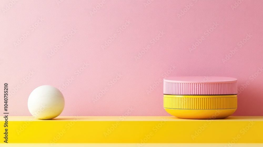 Poster a minimalist arrangement featuring a round object and a layered container on a colorful backdrop.