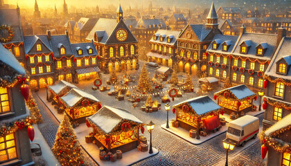 Charming Christmas market square filled with decorated stalls, trees, and festive lights in a snowy town.