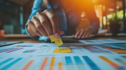 Obraz premium Businesswoman Analyzing Data with Sticky Notes