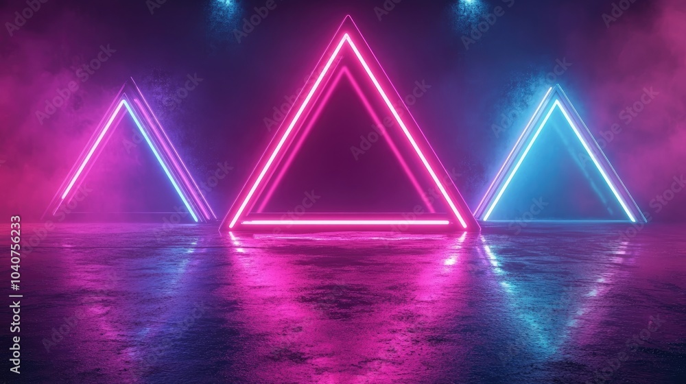 Poster neon-lit triangular shapes in a misty environment create a vibrant, futuristic atmosphere.