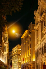 Turkey Istanbul Banks Street Galata Evening Illuminations of Historical Buildings and Moonlight in the Sky