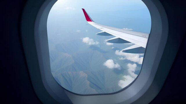 View from plane window over the mountains and clouds. Looking through window aircraft during flight in wing Clouds, and sky through window of airplane. Travel tourizm trip. 4 K slow-mo