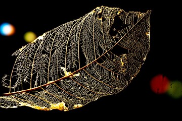 Folha seca em decomposição, transparente com luzes colorida ao fundo iluminada em floresta...