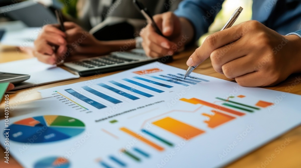 Poster close up of hands working on financial data, analyzing graphs and charts.