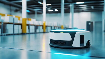 A futuristic AI-driven autonomous robot for automated warehouse operations, clean warehouse environment with robots designed for efficient inventory management and order fulfillment