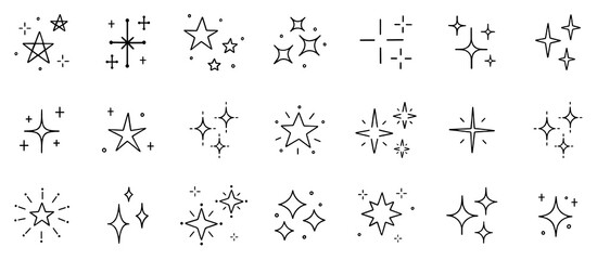 Stars and sparkles doodle set. Twinkle, blink, firework, glitter silhouette and glowing symbols in sketch style. Hand drawn vector illustration isolated on white background