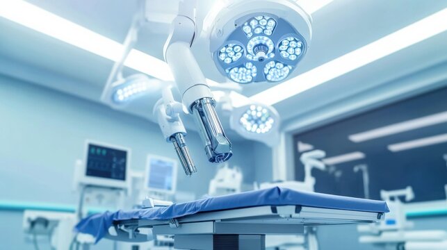 A futuristic AI-driven autonomous robot for surgical precision, clean operating room with robots designed for high-accuracy medical procedures, Surgical Robot style