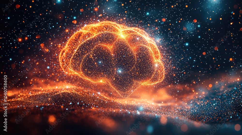 Poster glowing brain shape made of particles in a dark space with a starry background.