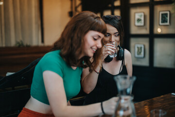 Two young women share a joyful moment over drinks in a warm, inviting cafe atmosphere. Perfect for concepts of friendship, relaxation, and leisure time.