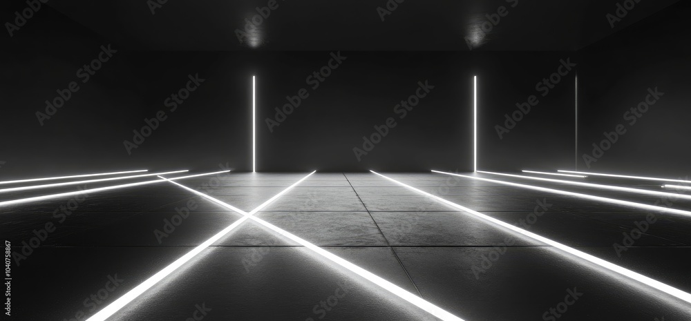 Poster a minimalist room with illuminated lines creating a geometric pattern on the floor.